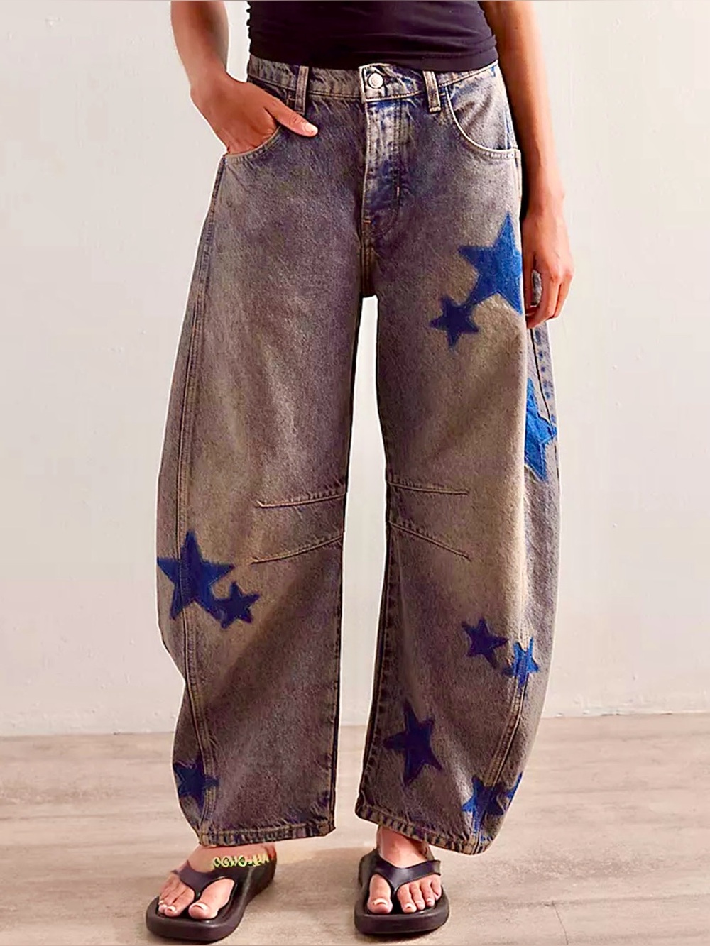 NEW Free People x WTF Good Luck Shadow Patch Barrel Jeans -Dark Wash w/ Stars ⭐️ - Picture 2 of 16